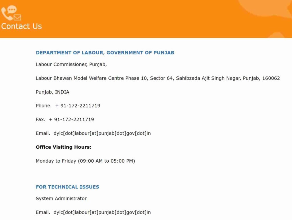 Punjab Labour Portal Contact Helpline